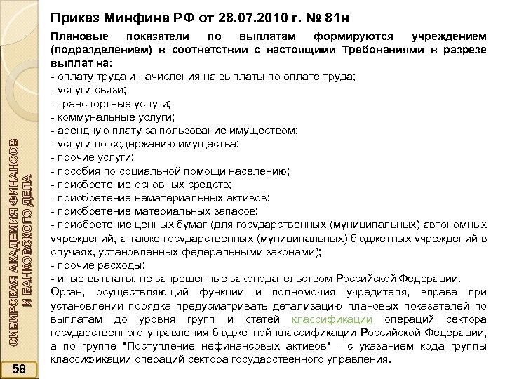СИБИРСКАЯ АКАДЕМИЯ ФИНАНСОВ И БАНКОВСКОГО ДЕЛА Приказ Минфина РФ от 28. 07. 2010 г.