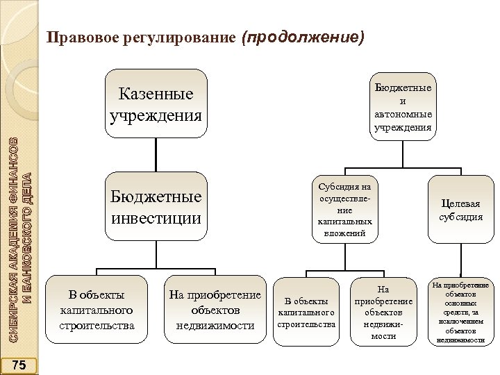 Правовое регулирование (продолжение) Бюджетные и автономные учреждения СИБИРСКАЯ АКАДЕМИЯ ФИНАНСОВ И БАНКОВСКОГО ДЕЛА Казенные