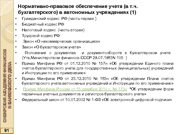 СИБИРСКАЯ АКАДЕМИЯ ФИНАНСОВ И БАНКОВСКОГО ДЕЛА Нормативно-правовое обеспечение учета (в т. ч. бухгалтерского) в
