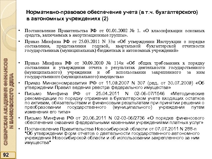 Нормативно-правовое обеспечение учета (в т. ч. бухгалтерского) в автономных учреждениях (2) СИБИРСКАЯ АКАДЕМИЯ ФИНАНСОВ