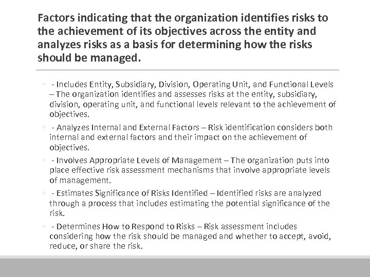  Factors indicating that the organization identifies risks to the achievement of its objectives