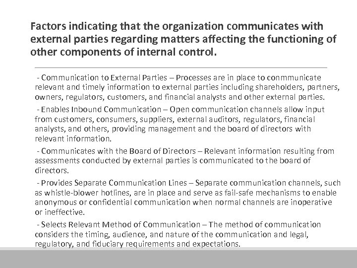  Factors indicating that the organization communicates with external parties regarding matters affecting the