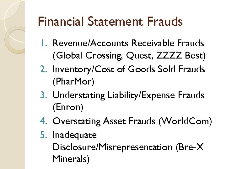 Financial Statement Frauds 1. Revenue/Accounts Receivable Frauds (Global Crossing, Quest, ZZZZ Best) 2. Inventory/Cost