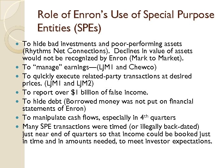 Role of Enron’s Use of Special Purpose Entities (SPEs) To hide bad investments and