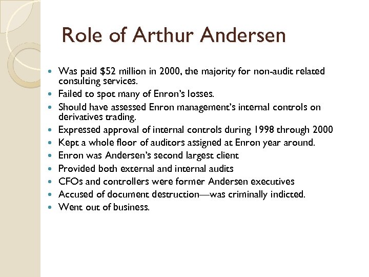 Role of Arthur Andersen Was paid $52 million in 2000, the majority for non-audit