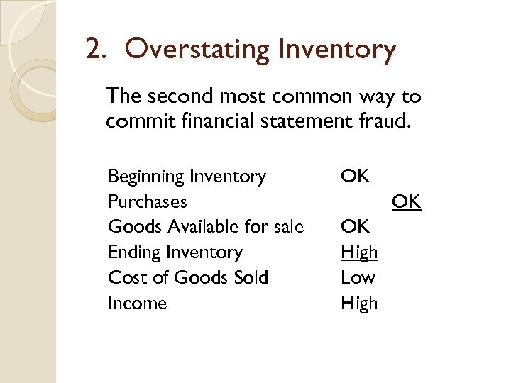 2. Overstating Inventory The second most common way to commit financial statement fraud. Beginning