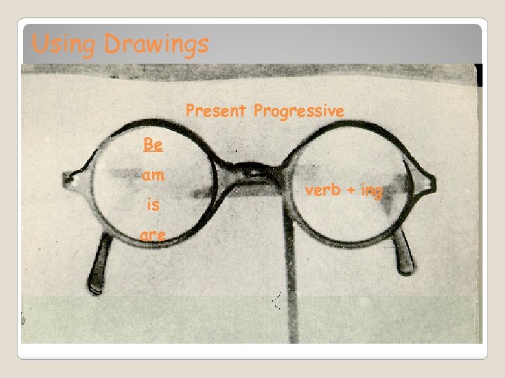 Using Drawings Present Progressive Be am is are verb + ing 