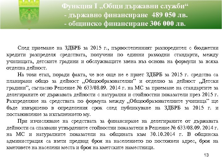 Функция I „Общи държавни служби“ - държавно финансиране 489 050 лв. - общинско финансиране