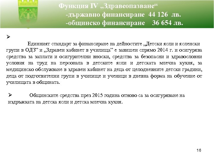 Функция IV „Здравеопазване“ -държавно финансиране 44 126 лв. -общинско финансиране 36 654 лв. Ø