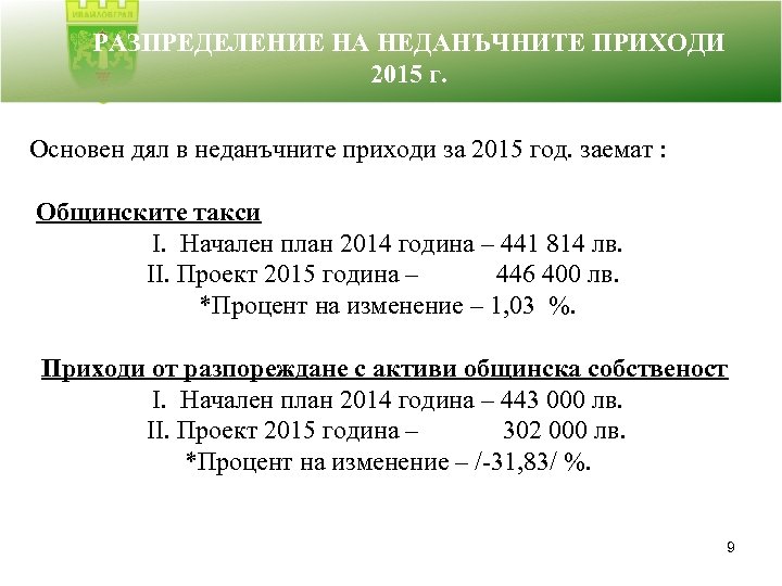 РАЗПРЕДЕЛЕНИЕ НА НЕДАНЪЧНИТЕ ПРИХОДИ 2015 г. Основен дял в неданъчните приходи за 2015 год.