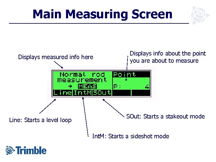Main Measuring Screen Displays measured info here Line: Starts a level loop Displays info
