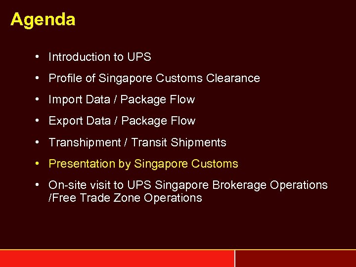 Agenda • Introduction to UPS • Profile of Singapore Customs Clearance • Import Data