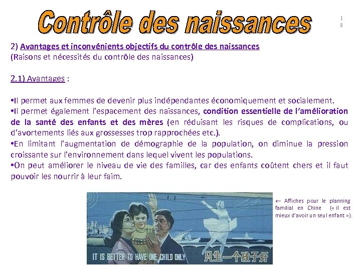 1 8 2) Avantages et inconvénients objectifs du contrôle des naissances (Raisons et nécessités