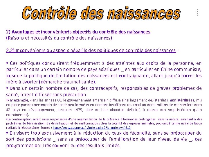 2 0 2) Avantages et inconvénients objectifs du contrôle des naissances (Raisons et nécessités