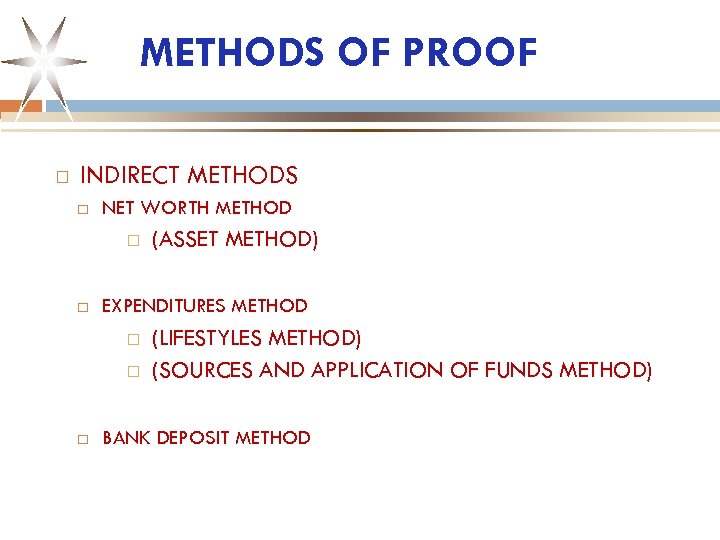 METHODS OF PROOF INDIRECT METHODS NET WORTH METHOD EXPENDITURES METHOD (ASSET METHOD) (LIFESTYLES METHOD)
