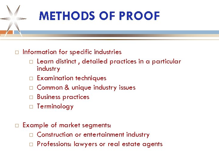 METHODS OF PROOF Information for specific industries Learn distinct , detailed practices in a