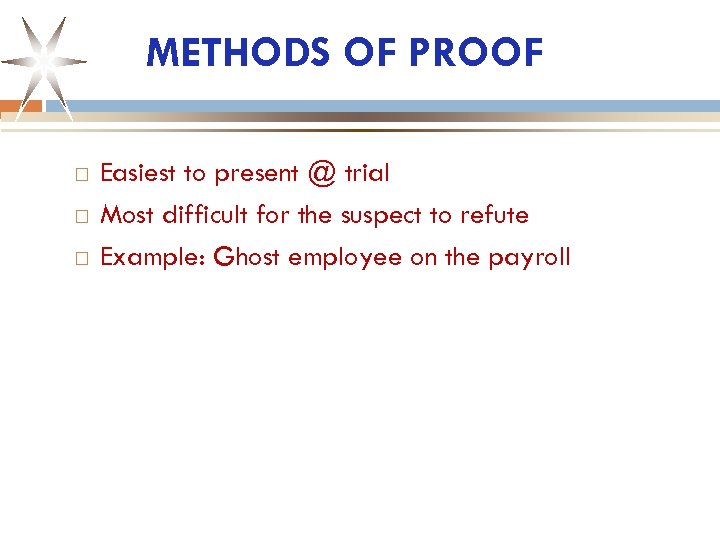 METHODS OF PROOF Easiest to present @ trial Most difficult for the suspect to