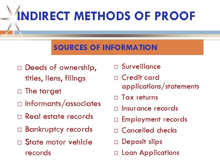 INDIRECT METHODS OF PROOF SOURCES OF INFORMATION Deeds of ownership, titles, liens, filings The