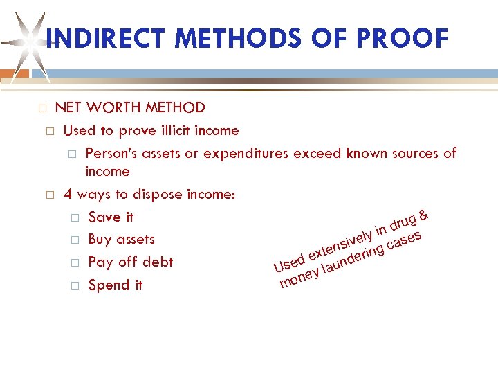 INDIRECT METHODS OF PROOF NET WORTH METHOD Used to prove illicit income Person’s assets