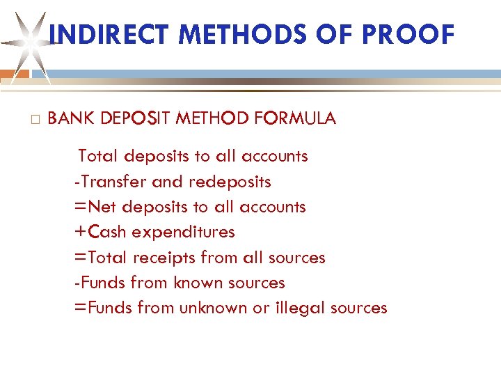 INDIRECT METHODS OF PROOF BANK DEPOSIT METHOD FORMULA Total deposits to all accounts -Transfer