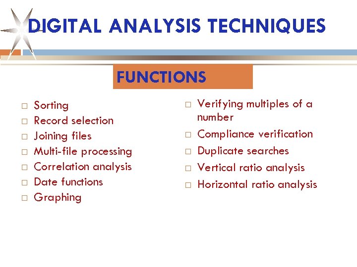 DIGITAL ANALYSIS TECHNIQUES FUNCTIONS Sorting Record selection Joining files Multi-file processing Correlation analysis Date