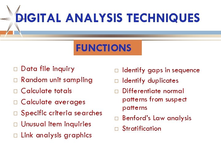 DIGITAL ANALYSIS TECHNIQUES FUNCTIONS Data file inquiry Random unit sampling Calculate totals Calculate averages