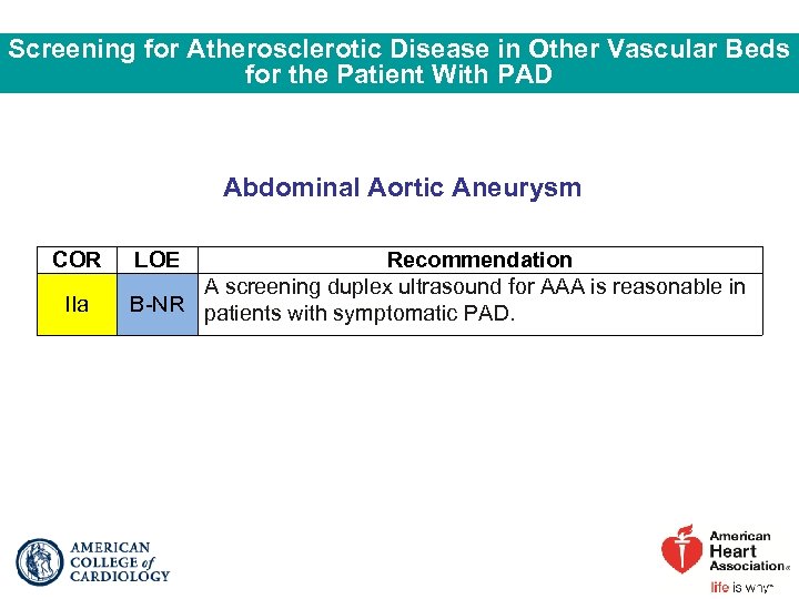 Screening for Atherosclerotic Disease in Other Vascular Beds for the Patient With PAD Abdominal