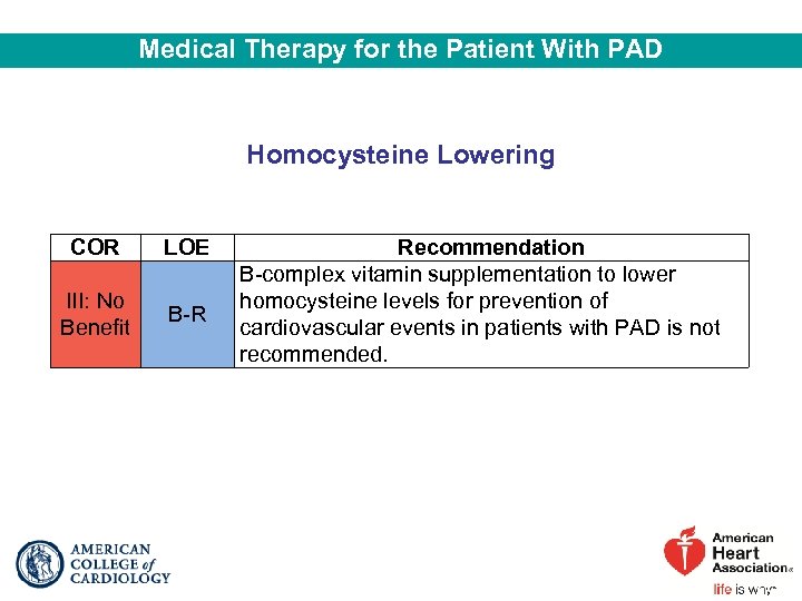 Medical Therapy for the Patient With PAD Homocysteine Lowering COR LOE III: No Benefit