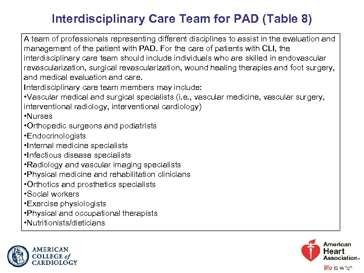 Interdisciplinary Care Team for PAD (Table 8) A team of professionals representing different disciplines