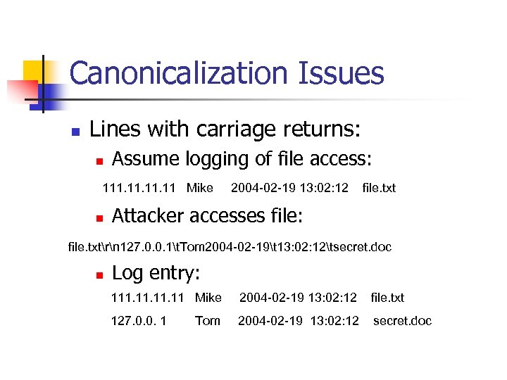 Canonicalization Issues n Lines with carriage returns: n Assume logging of file access: 111.