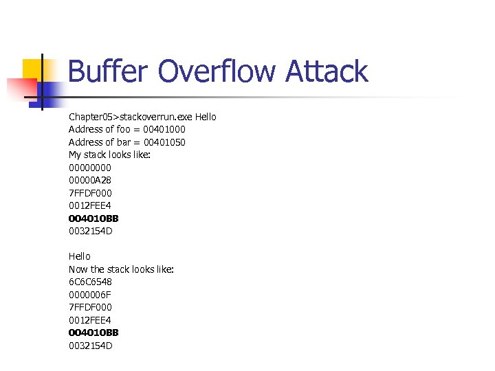 Buffer Overflow Attack Chapter 05>stackoverrun. exe Hello Address of foo = 00401000 Address of