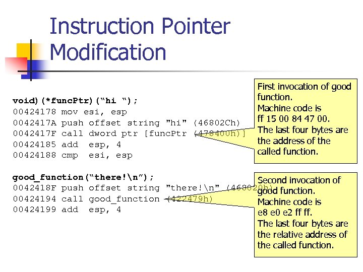 Instruction Pointer Modification First invocation of good function. void)(*func. Ptr)(“hi “); Machine code is