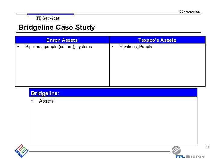 CONFIDENTIAL IT Services Bridgeline Case Study Enron Assets • Pipelines, people (culture), systems Texaco’s