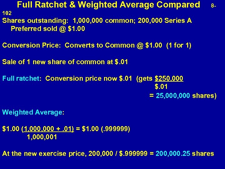  Full Ratchet & Weighted Average Compared 8102 Shares outstanding: 1, 000 common; 200,