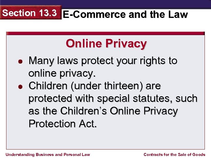 Section 13. 3 E-Commerce and the Law Online Privacy Many laws protect your rights