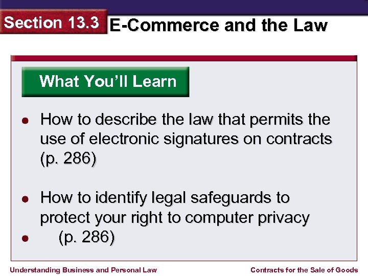 Section 13. 3 E-Commerce and the Law What You’ll Learn How to describe the