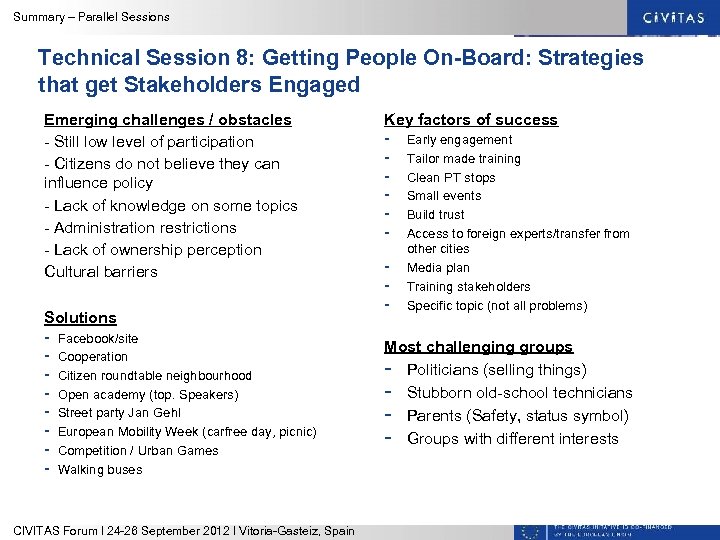 Summary – Parallel Sessions Technical Session 8: Getting People On-Board: Strategies that get Stakeholders