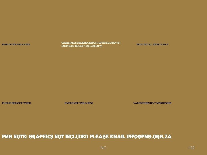 EMPLOYEE WELLNESS PUBLIC SERVICE WEEK CHRISTMAS CELEBRATED AT OFFICES (ABOVE) BOIPHELO HOUSE VISIT (BELOW)