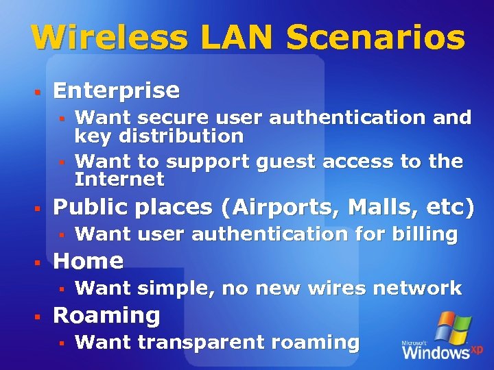 Wireless LAN Scenarios § Enterprise § § § Public places (Airports, Malls, etc) §