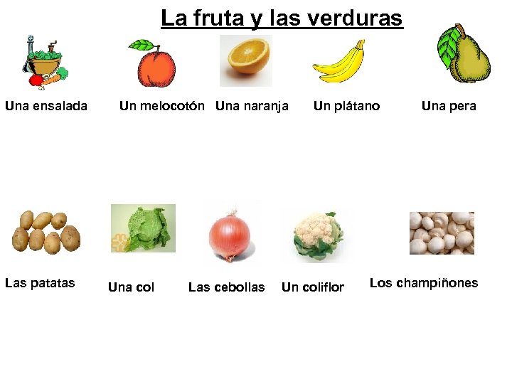 La fruta y las verduras Una ensalada Las patatas Un melocotón Una naranja Una