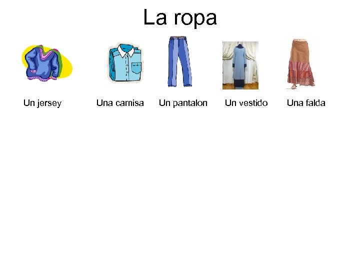 La ropa Un jersey Una camisa Un pantalon Un vestido Una falda 