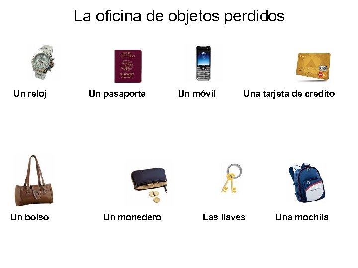 La oficina de objetos perdidos Un reloj Un bolso Un pasaporte Un monedero Un