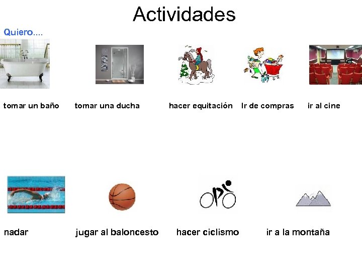 Actividades Quiero. . tomar un baño tomar una ducha nadar jugar al baloncesto hacer