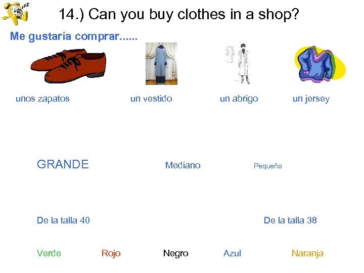 14. ) Can you buy clothes in a shop? Me gustaría comprar. . .