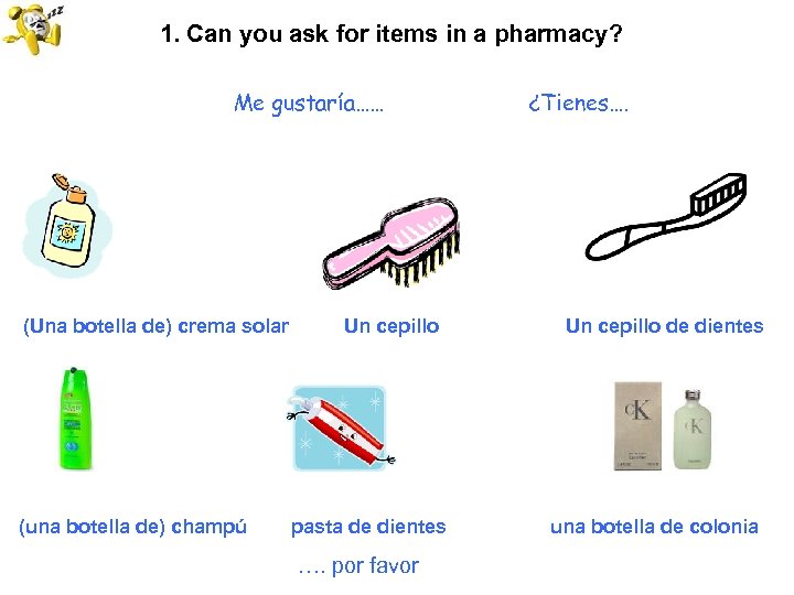 1. Can you ask for items in a pharmacy? Me gustaría…… (Una botella de)
