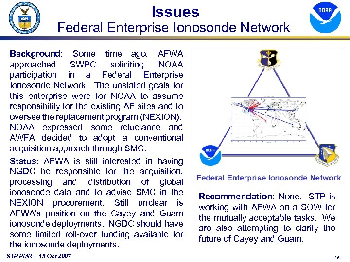 Issues Federal Enterprise Ionosonde Network Background: Some time ago, AFWA approached SWPC soliciting NOAA