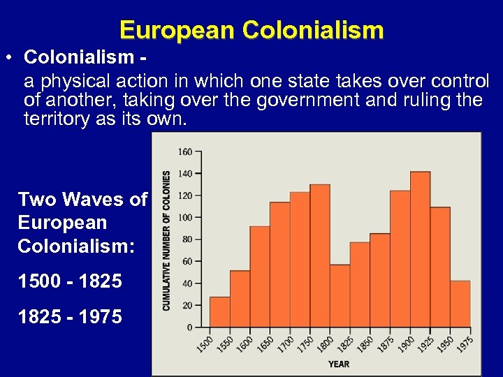 European Colonialism • Colonialism a physical action in which one state takes over control
