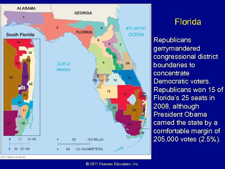 Florida Republicans gerrymandered congressional district boundaries to concentrate Democratic voters. Republicans won 15 of