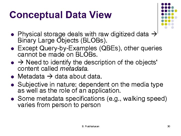 Conceptual Data View l l l Physical storage deals with raw digitized data Binary