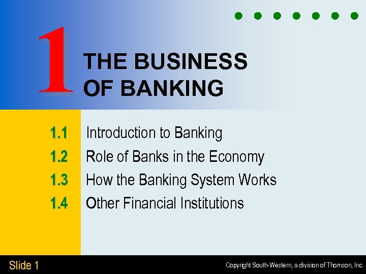 1 THE BUSINESS OF BANKING 1. 1 1. 2 1. 3 1. 4 Slide